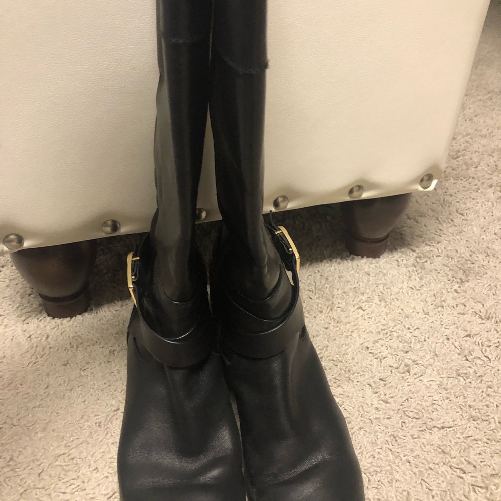 Michael Kors Black Leather Combat Moto Boots with Gold Buckle - Picture 2 of 6